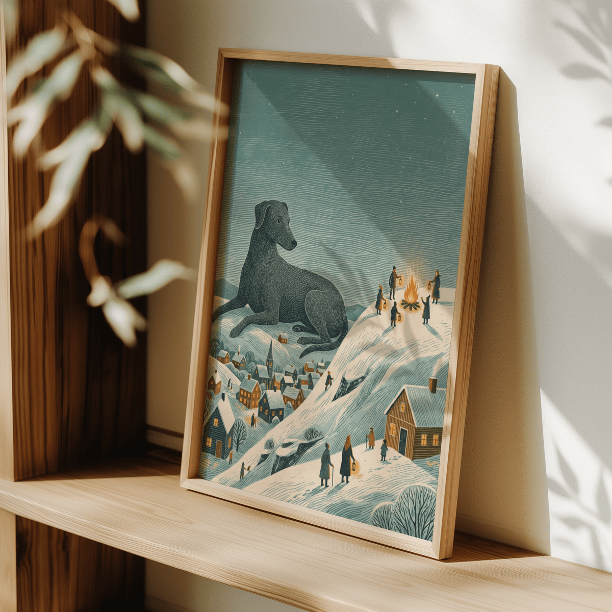 Winter Landscape Wall Art in Blue and Orange, suitable for cozy nook