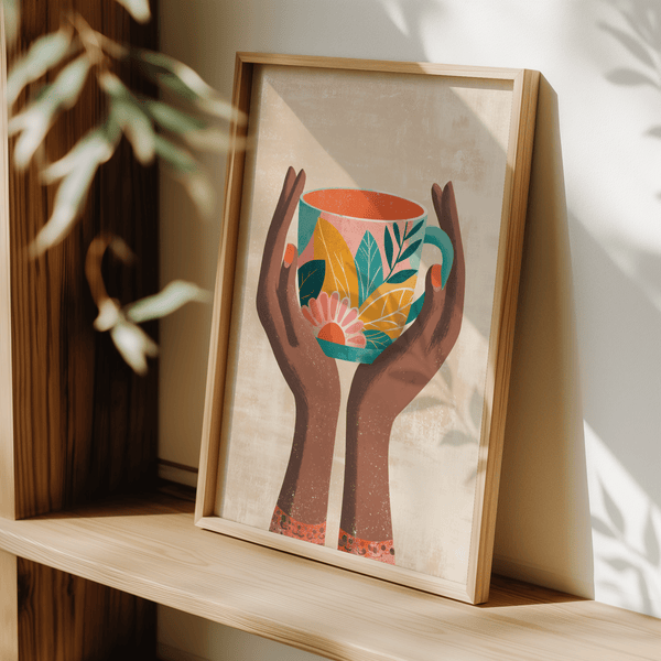 Colorful Mug Art Print showcasing teal handle, fits kitchen or lounge wall art