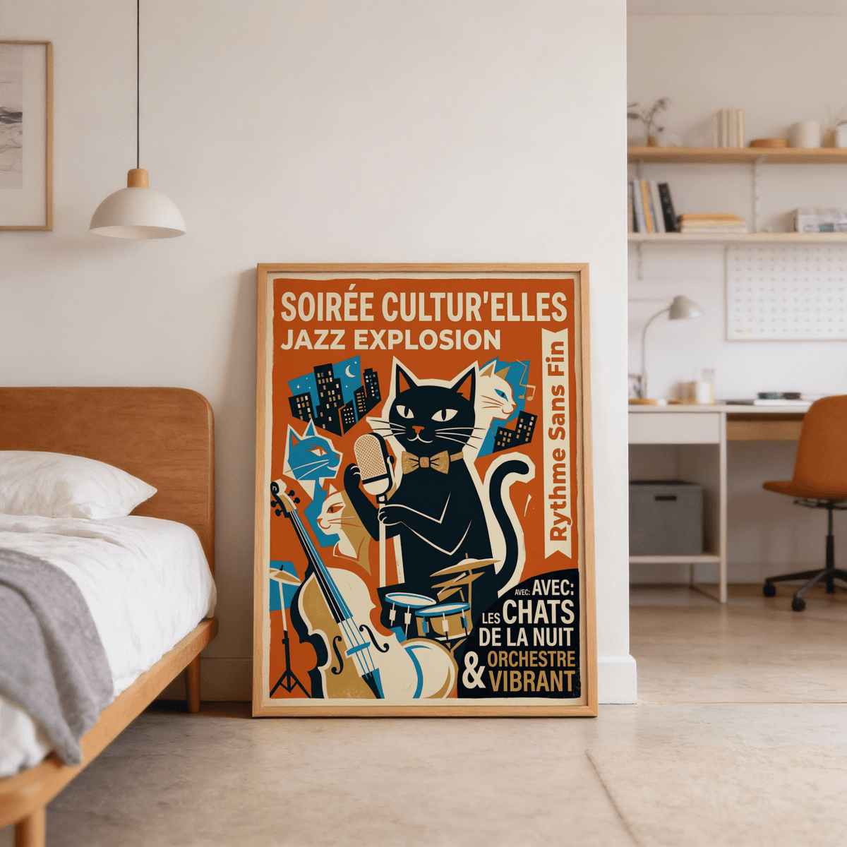 Cat vocalist illustration with moonlit skyline and musical notes