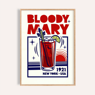 Framed close-up of Bloody Mary poster with red text and a cocktail illustration