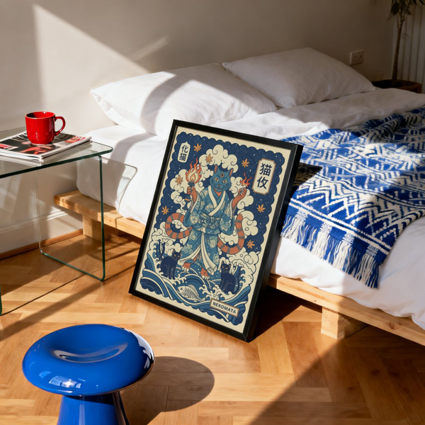 Nekomata Cat Wall Art print showing central feline spirit framed by rolling sea patterns