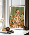 Floral Girl Illustration in green tones, beige details, for hallway art print