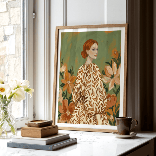 Floral Girl Illustration in green tones, beige details, for hallway art print