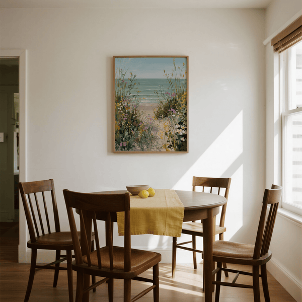 Beach Path Print poster featuring Brown, Blue, Beige, and Purple in hallway setting