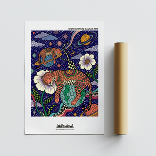 Playful leopard print poster showing celestial planets, crescent moon, and dotted night sky