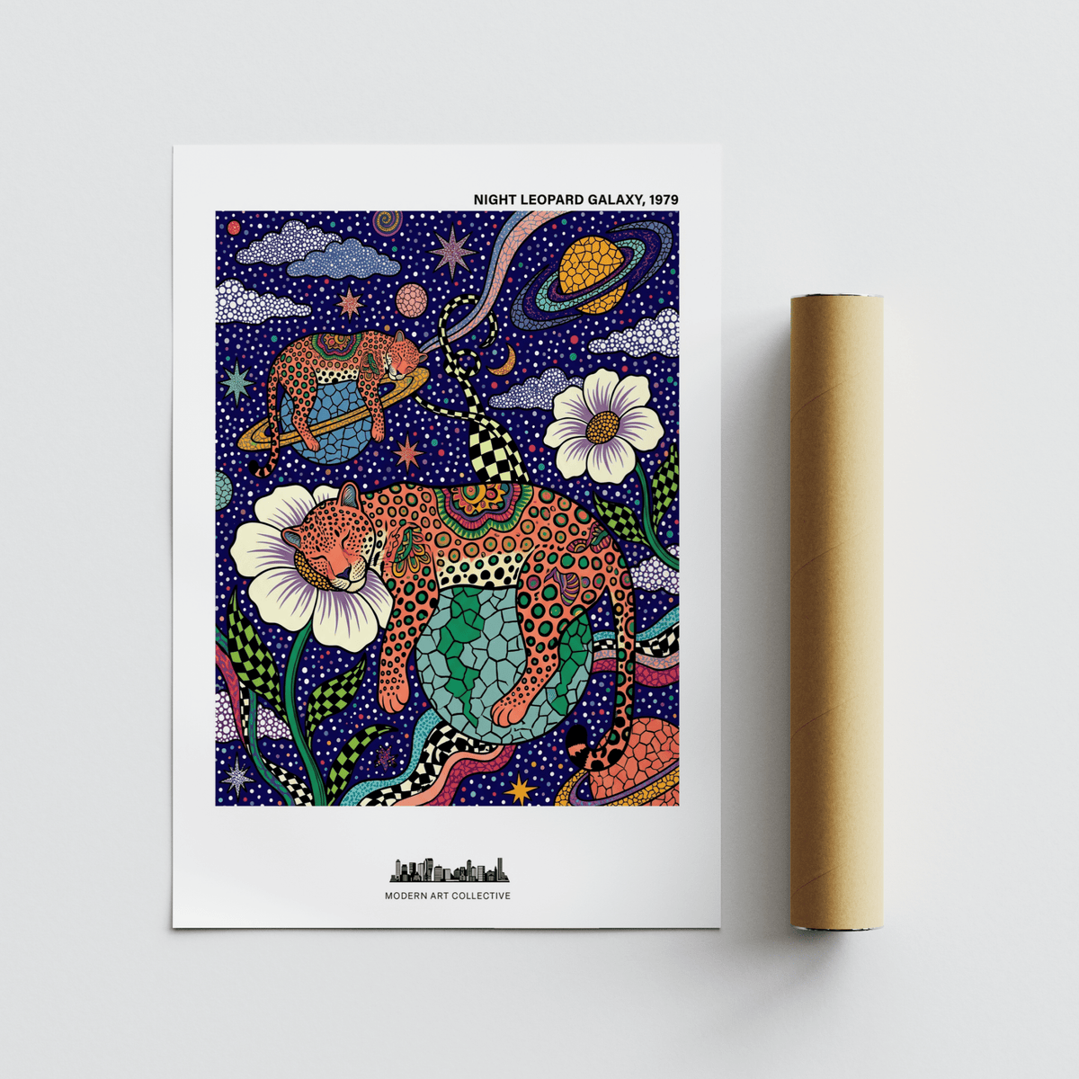 Playful leopard print poster showing celestial planets, crescent moon, and dotted night sky