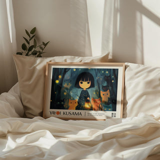 Nursery wall with imaginative anime girl poster and cat companions