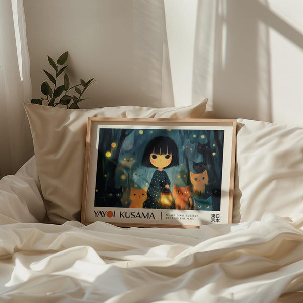 Nursery wall with imaginative anime girl poster and cat companions