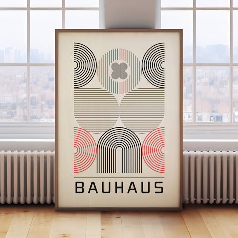 Abstract Bauhaus poster art in vibrant colours, ideal for contemporary and retro-inspired spaces

