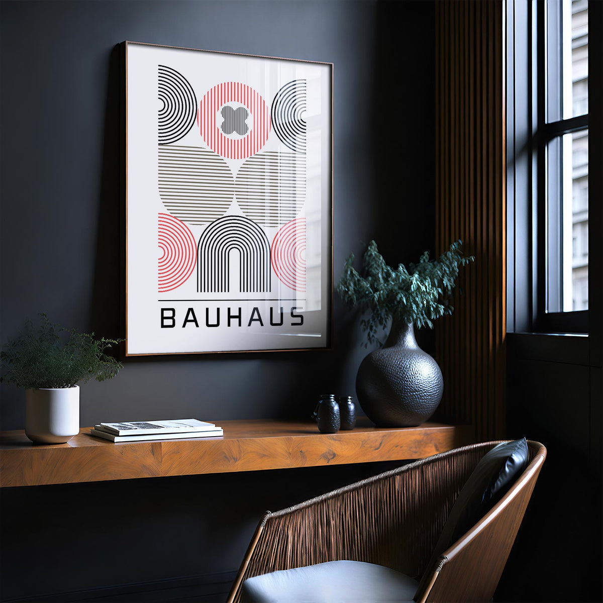 Artistic focal point with geometric wall art for home office