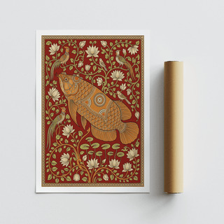 Patterned fish wall art print with medallion details and scrolling vines