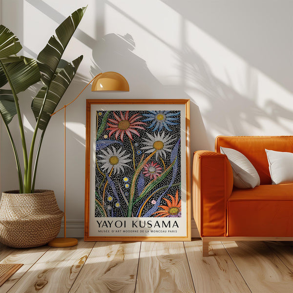 Abstract botanical wall art showcasing layered flowers with yellow centers.