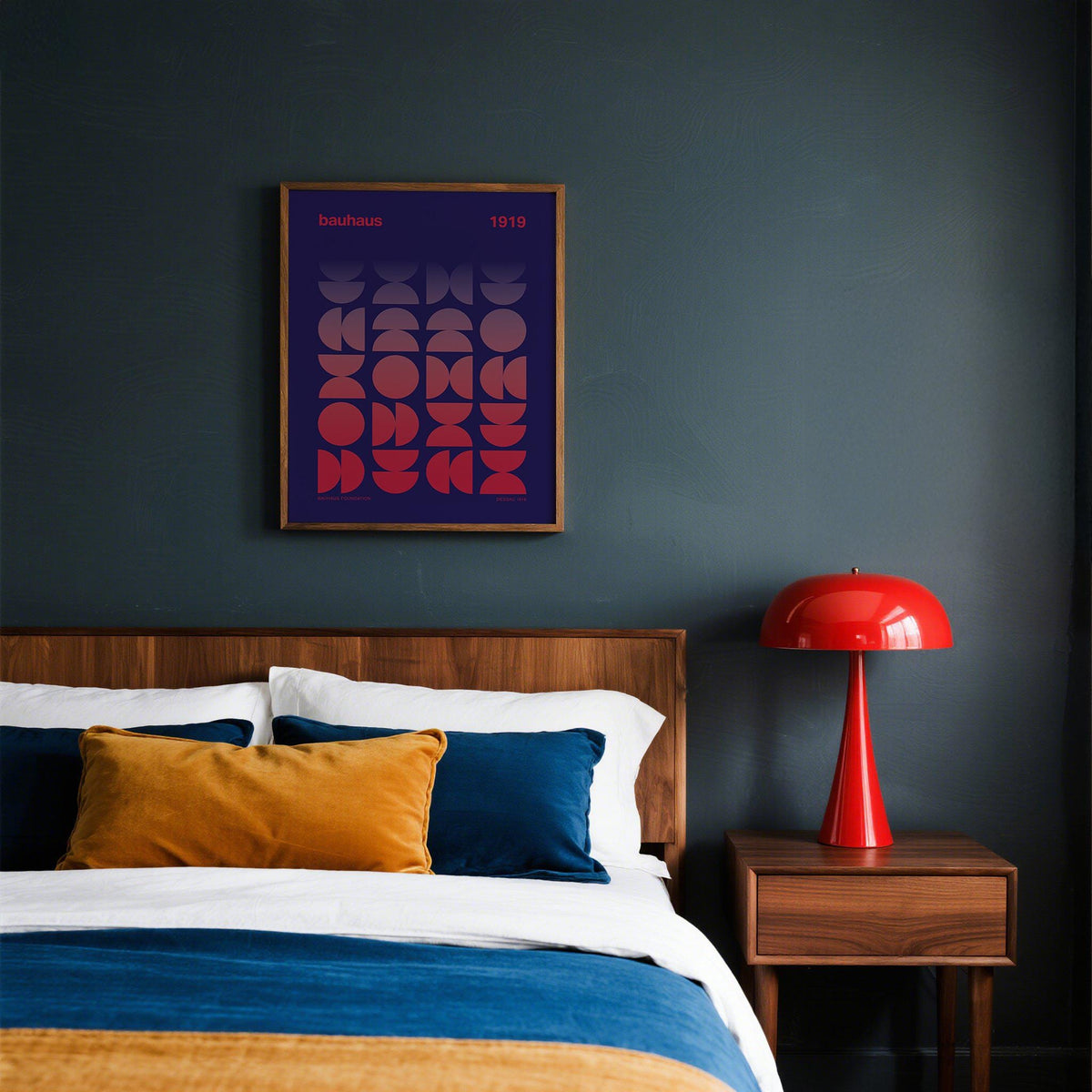 Framed graphic design poster styled in a creative office with minimalist furniture.