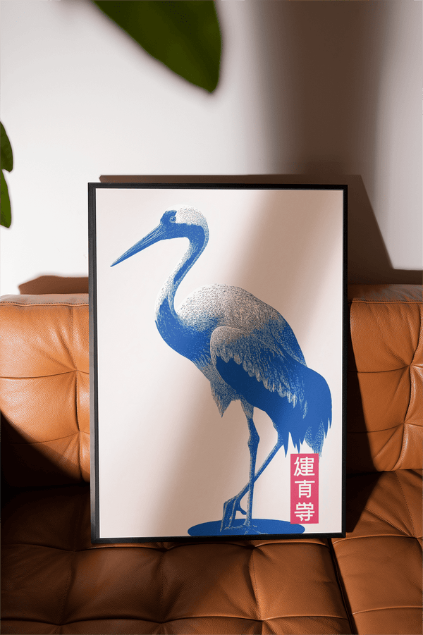 Crane Wall Art with red and blue tones for bedroom poster