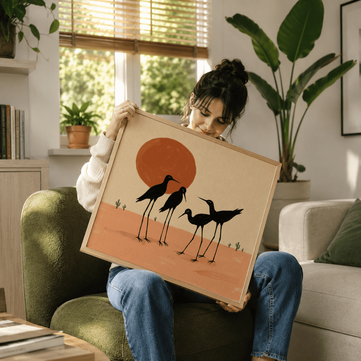 Graphic wildlife poster featuring slim-legged birds on beige horizon