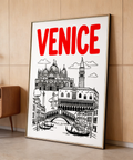 Venice Landmark Art Print showing VENICE text, basilica, bridge, and gondolas