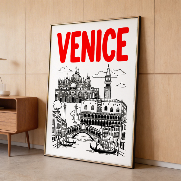 Venice Landmark Art Print showing VENICE text, basilica, bridge, and gondolas
