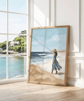 Beach Woman Art Print with warm Beige, Blue, and White for studio wall