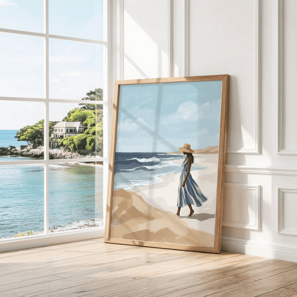 Beach Woman Art Print with warm Beige, Blue, and White for studio wall