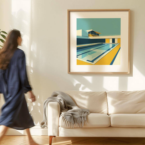 Clean-line minimalistic art with vivid blue and golden shapes for loft walls