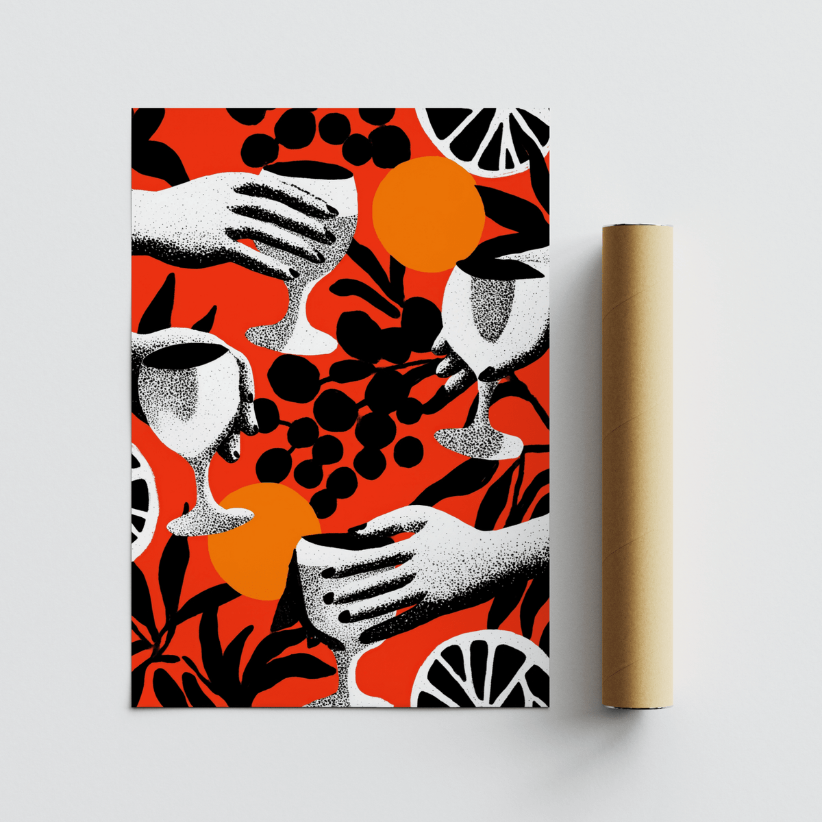 Modern kitchen poster featuring hands holding drinks with citrus wedges and bold silhouettes
