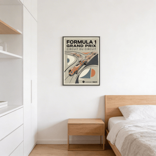 Side perspective of retro racing wall art with dynamic circuit graphics