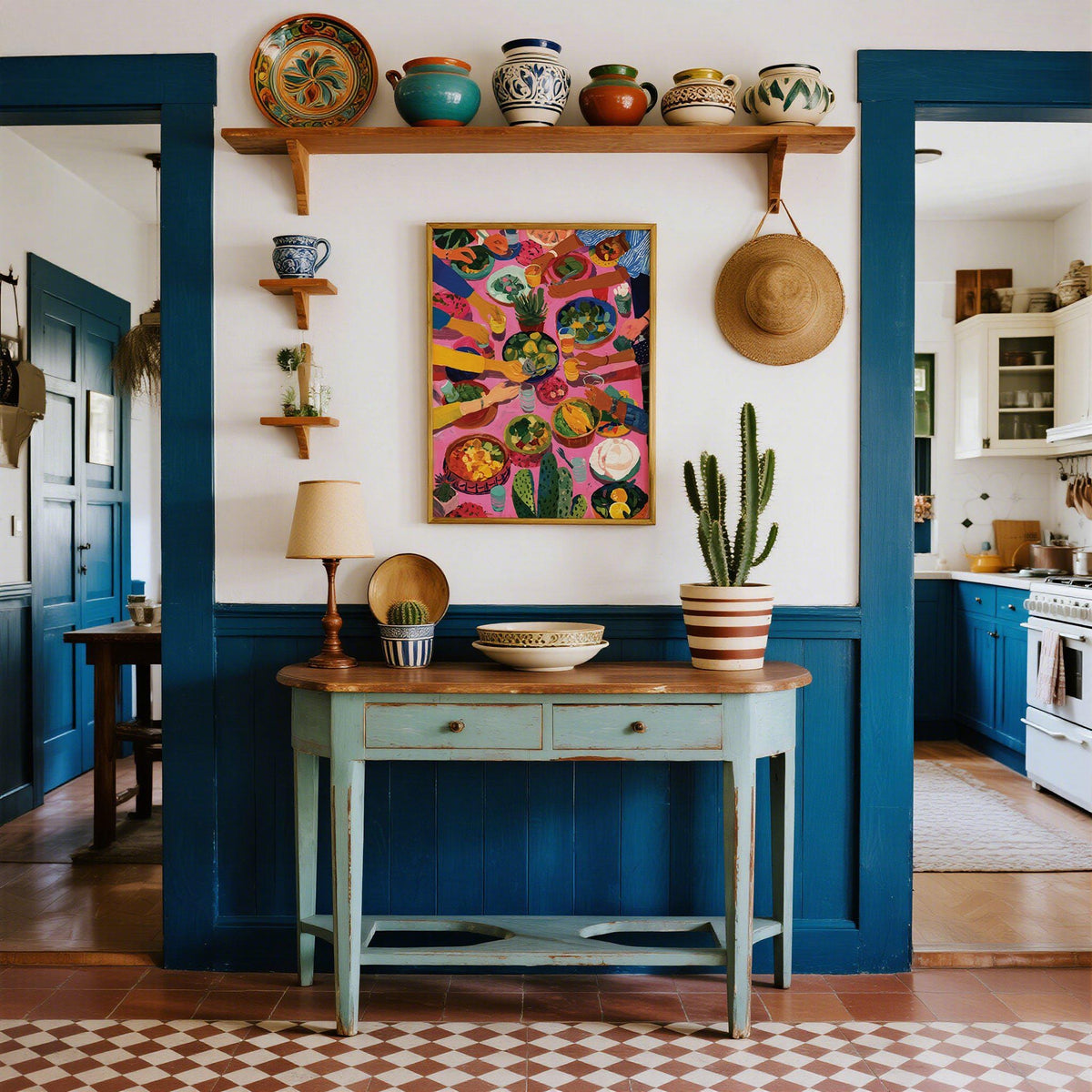 Colorful Mexico inspired wall decor with table scene, cactus, and bright drinks