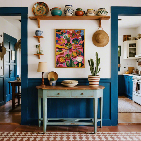 Colorful Mexico inspired wall decor with table scene, cactus, and bright drinks