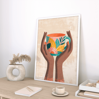 Colorful Mug Art Print adding warmth in beige and orange for entryway wall art