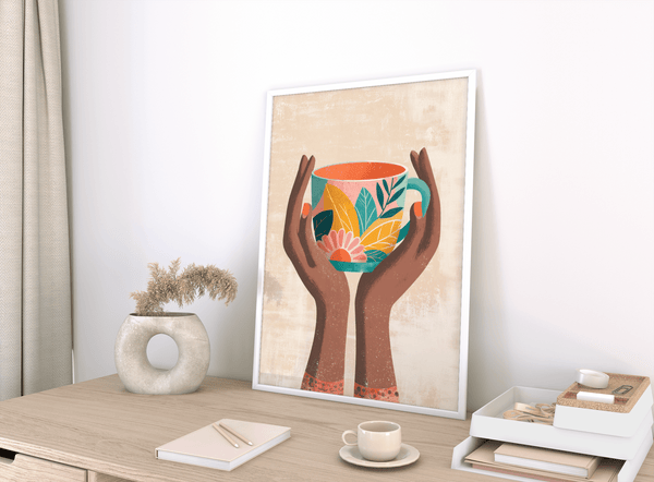 Colorful Mug Art Print adding warmth in beige and orange for entryway wall art