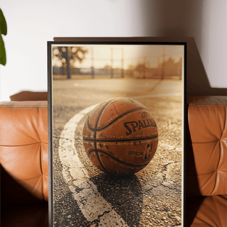 Foreground basketball alongside bright boundary stripe