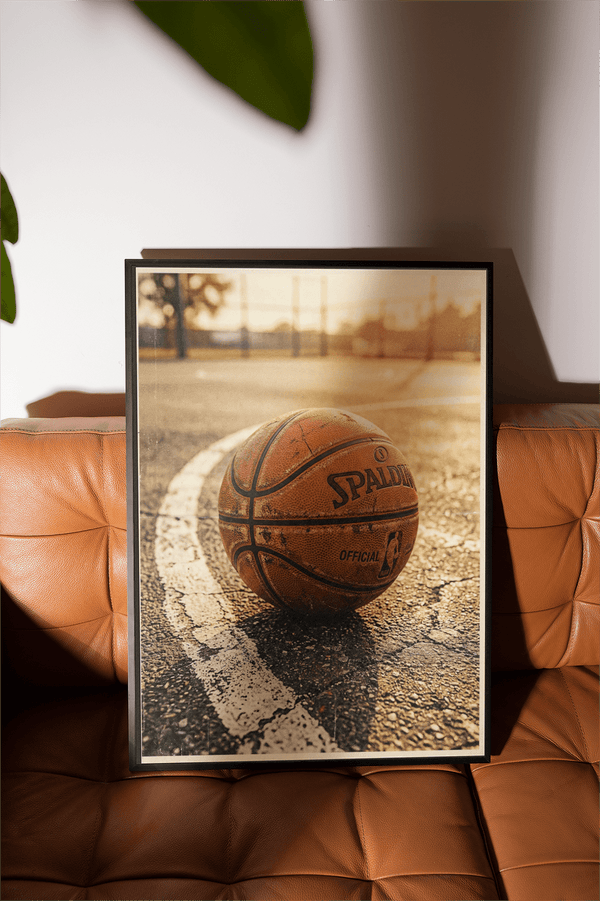 Foreground basketball alongside bright boundary stripe