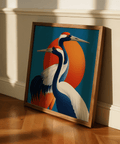 Large Birds Wall Art with Orange sun and Blue feathers for entryway decor