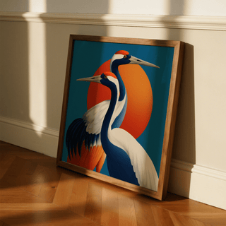 Large Birds Wall Art with Orange sun and Blue feathers for entryway decor