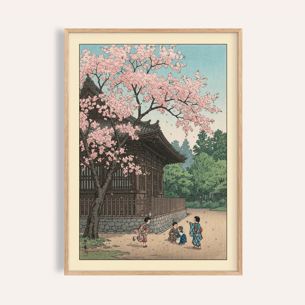 Framed wall view of Hasui Kawase Poster showing cherry blossoms, temple, and children on a path