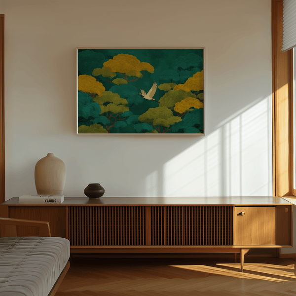 Colorful Japanese Nature Art for hallway, Green and Yellow wall art print