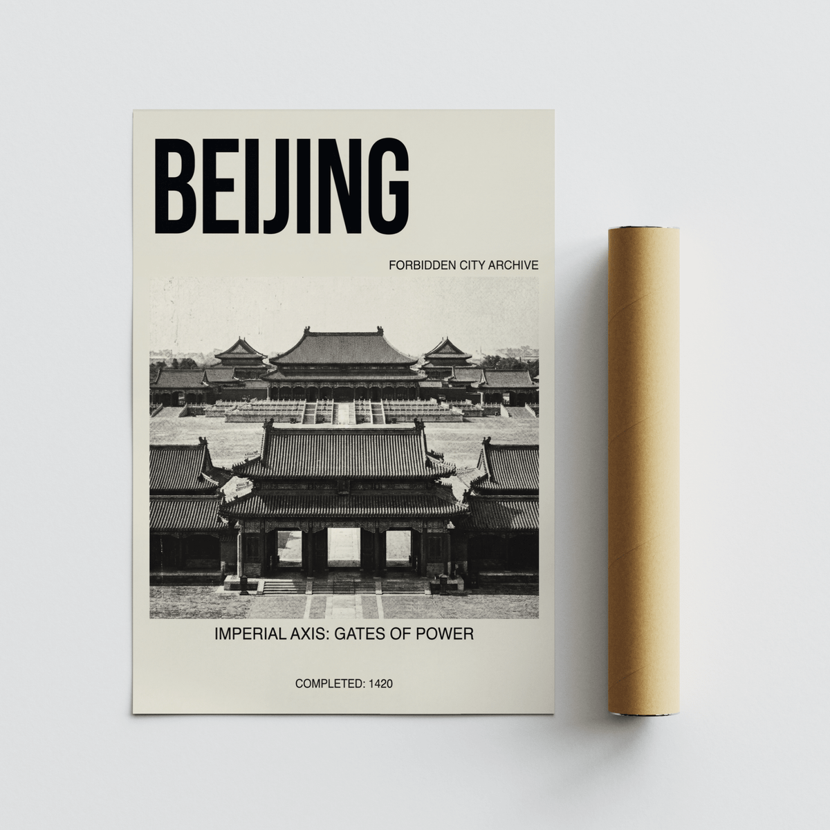 Frontal palace gate architecture wall art print with repeating rooflines and open doorway
