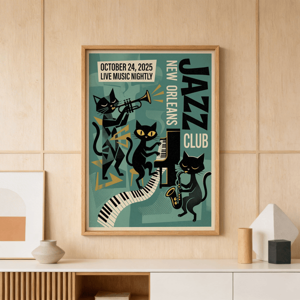 Close-up of trumpet-playing cat on a jazz club wall art print