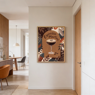 Graphic bar wall art print with cocktail shaker and espresso martini centerpiece