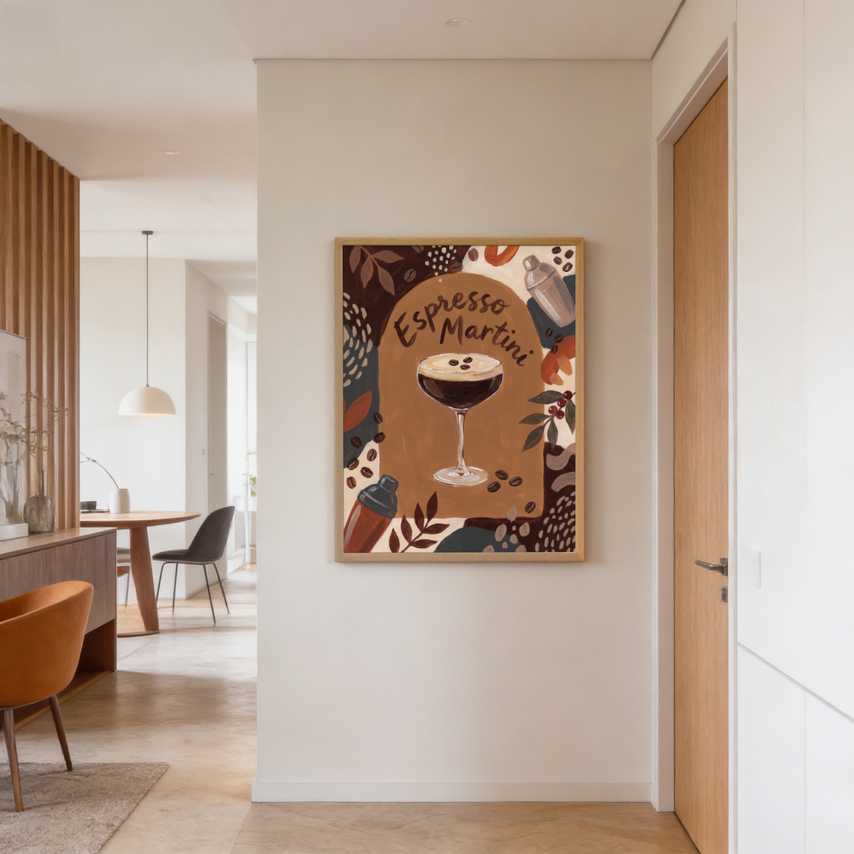 Graphic bar wall art print with cocktail shaker and espresso martini centerpiece