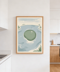 Graphic golf wall art print with 18th green in water and minimal sky