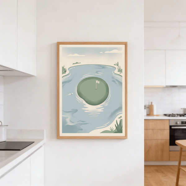 Graphic golf wall art print with 18th green in water and minimal sky