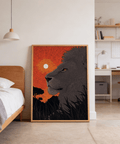 Savanna scene with lone lion silhouette against layered sunset circles