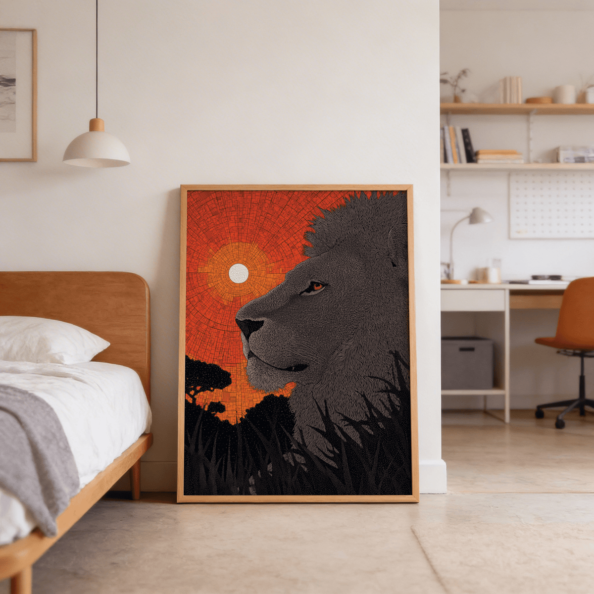 Savanna scene with lone lion silhouette against layered sunset circles