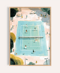 Overhead tennis court wall art print with players and net in a park setting