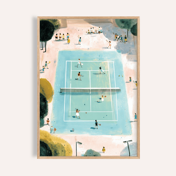 Overhead tennis court wall art print with players and net in a park setting