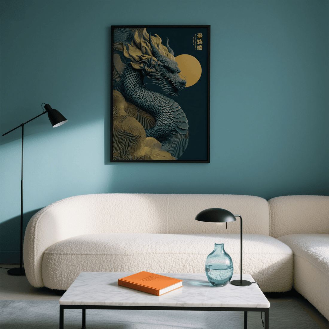 Living room with a blue wall, a curved cream boucle sofa, a marble coffee table, black floor lamps and a print of a dragon and gold moon