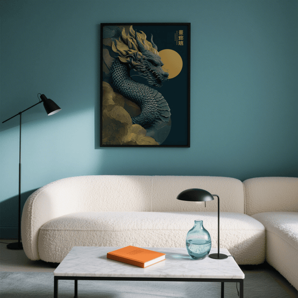 Chinese Dragon Art Print traditional blue and gold for lounge