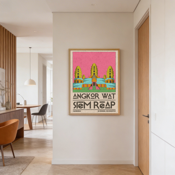 Color-block poster with Khmer temple towers, stepped entrance, and balanced symmetry