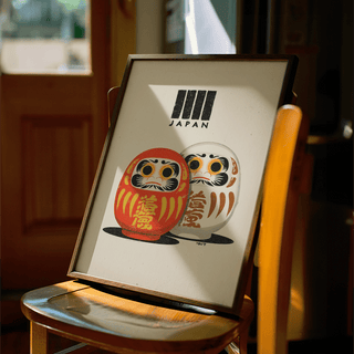 Minimalist Daruma Doll Print with yellow accents for office